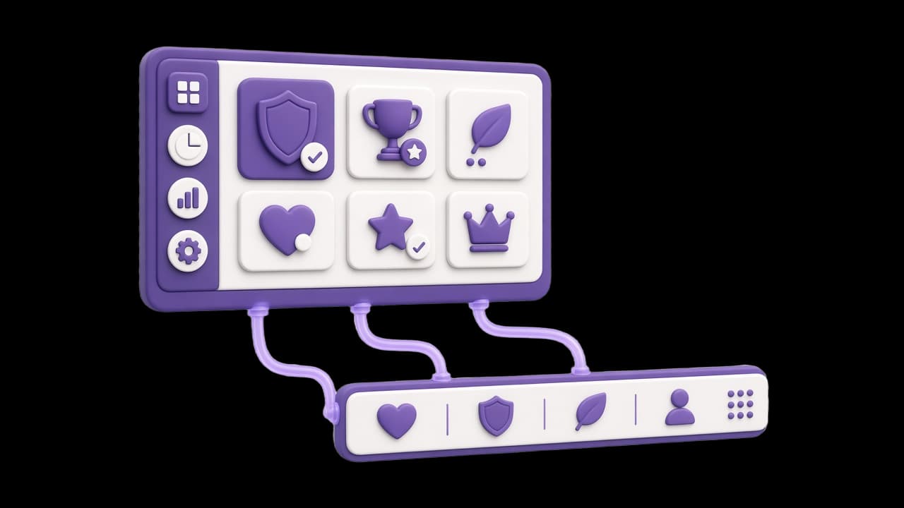 3D illustration of a dashboard controlling website badges through connected pipes